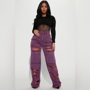 Believe Me Ripped High Rise Cargo Jeans    (Magenta) Fashion Nova
